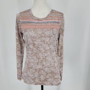 Prana Floral Tilly Long Sleeve Burnout T Shirt Top Lace Inset Womens Sz Small